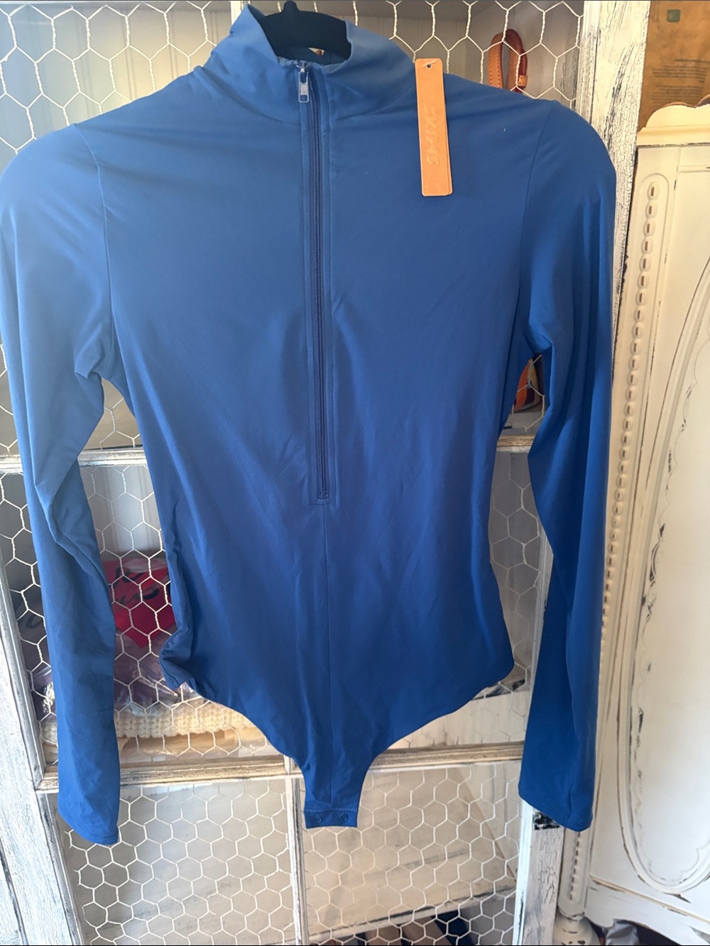 SKIMS Blue Long-Sleeve Zip Front Bodysuits